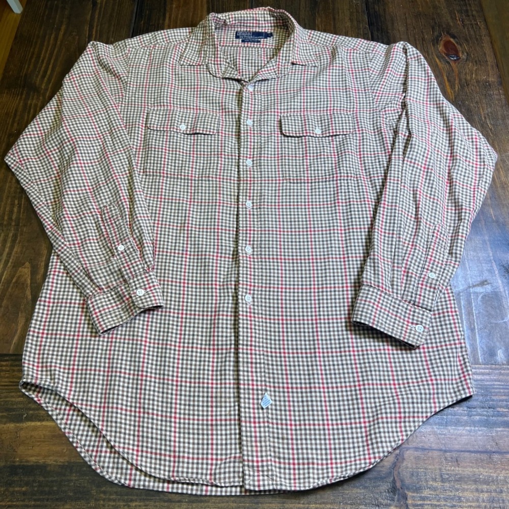 Polo Ralph‎ Lauren Mens Large Check Plaid Button Down Shirt Brown Red Cotton L